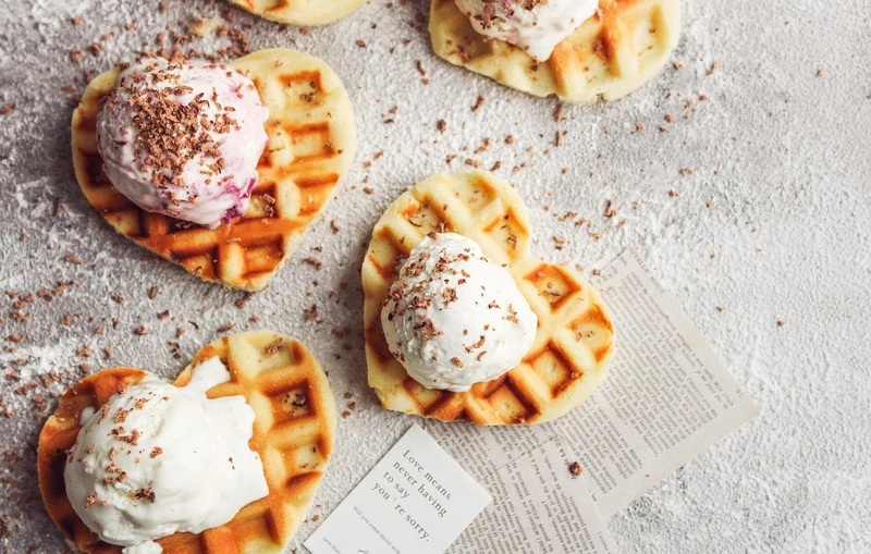 heart shaped waffles with ice cream