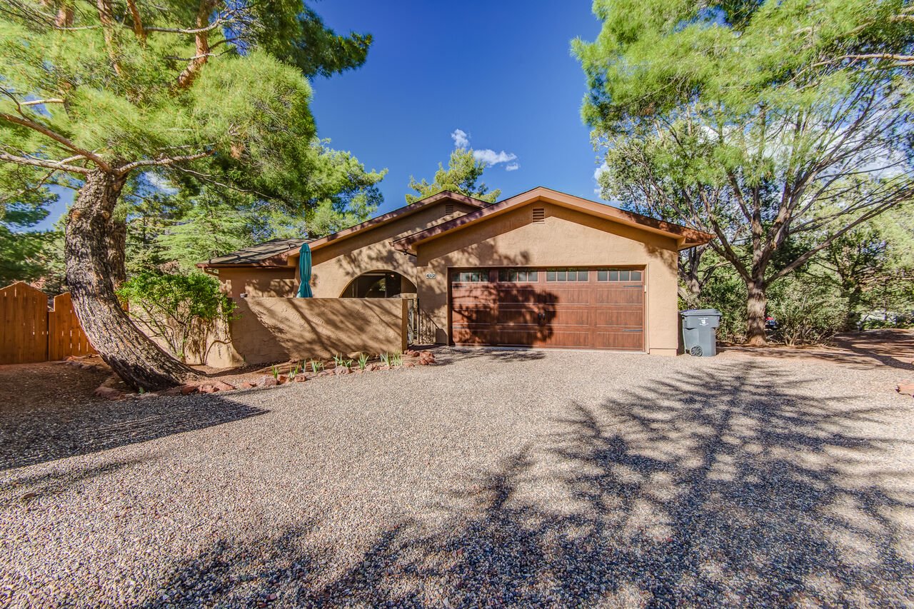 Front exterior and driveway of one of our Sedona Winter Rentals