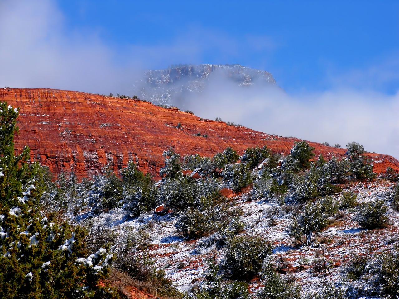 Snow covered red rock in Sedona in Winter