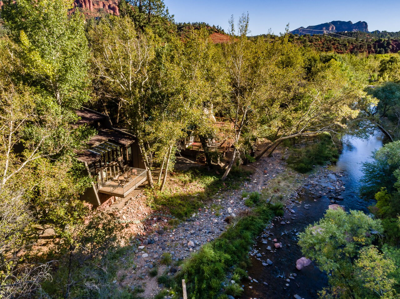 An aerial view of one of our Sedona AZ creekside cabins